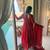 Red flared anarkali gown with golden stripes & dupatta