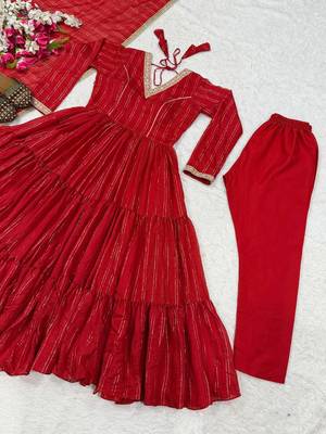 Red flared anarkali gown with golden stripes & dupatta 5