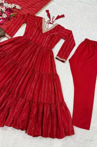 Red flared anarkali gown with golden stripes & dupatta
