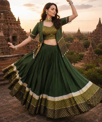 Green Rayon Cotton Navratri Lehenga Choli with Designer Gota Patti Koti 4