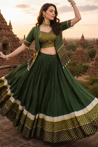 Green Rayon Cotton Navratri Lehenga Choli with Designer Gota Patti Koti