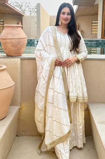 Women's off white zari stripe peplum kurta palazzo set with dupatta