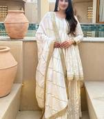 Women's off white zari stripe peplum kurta palazzo set with dupatta