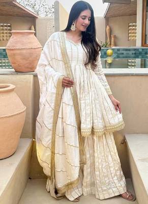 Women's off white zari stripe peplum kurta palazzo set with dupatta 2