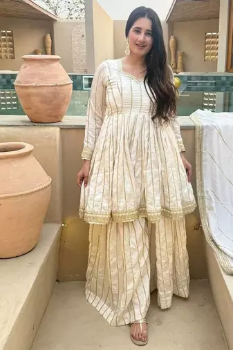 Women's off white zari stripe peplum kurta palazzo set with dupatta