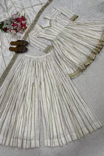 Women's off white zari stripe peplum kurta palazzo set with dupatta