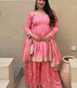 Women's pink zari stripe peplum kurta palazzo set with dupatta