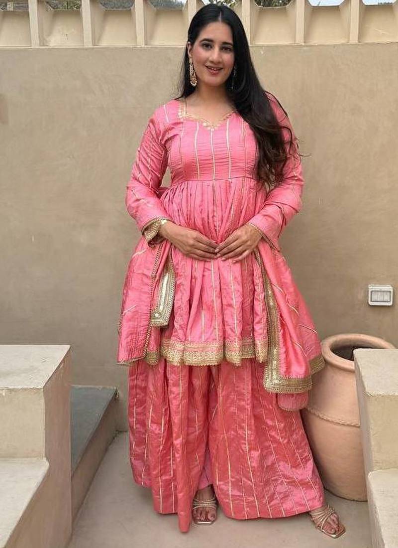 Women's pink zari stripe peplum kurta palazzo set with dupatta