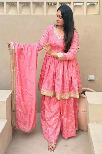 Women's pink zari stripe peplum kurta palazzo set with dupatta