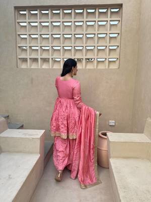 Women's pink zari stripe peplum kurta palazzo set with dupatta 4