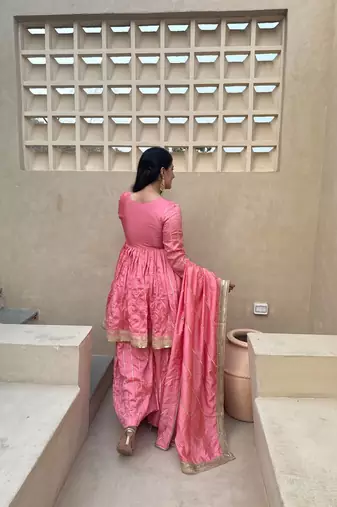 Women's pink zari stripe peplum kurta palazzo set with dupatta