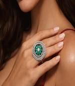 Emerald Green Floral Statement Ring, Art Deco Baguette Halo, Adjustable Silver Jewelry