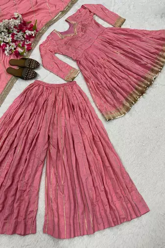 Women's pink zari stripe peplum kurta palazzo set with dupatta