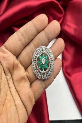 Emerald Green Floral Statement Ring, Art Deco Baguette Halo, Adjustable Silver Jewelry 2