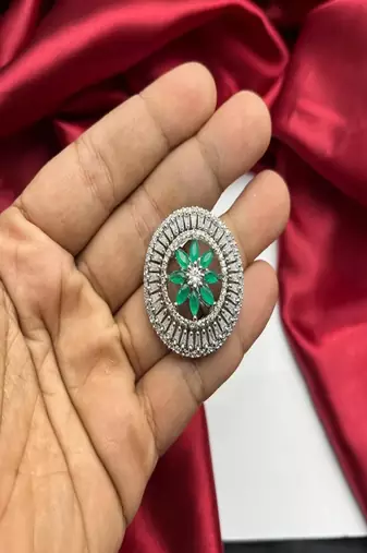 Emerald Green Floral Statement Ring, Art Deco Baguette Halo, Adjustable Silver Jewelry