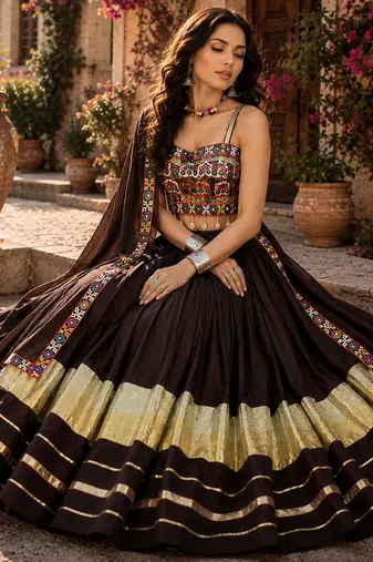 Black Rayon Cotton Navratri Lehenga Choli with Gamthi Mirror Work & Dupatta