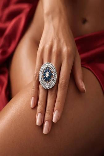 Sapphire Blue Floral Art Deco Ring, Cubic Zirconia Statement Cocktail