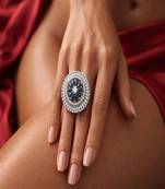 Sapphire Blue Floral Art Deco Ring, Cubic Zirconia Statement Cocktail