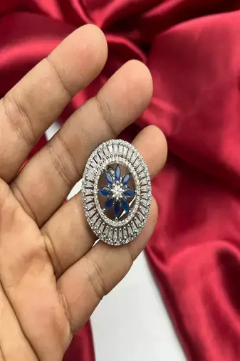 Sapphire Blue Floral Art Deco Ring, Cubic Zirconia Statement Cocktail