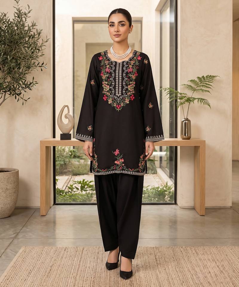Black rayon thread & sequence farshi salwar kurta set for women