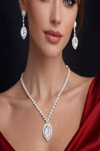 Bridal Pear Cut Cubic Zirconia Necklace Earring Set | Rhodium-Plated Crystal Jewelry