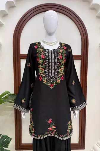 Black rayon thread & sequence farshi salwar kurta set for women