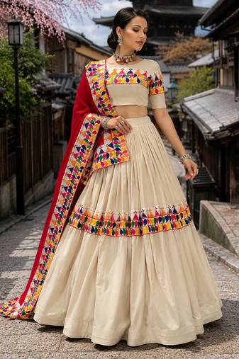 Cream Rayon Cotton Navratri Lehenga Choli with Gamthi Work & Red Dupatta