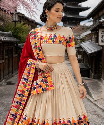 Cream Rayon Cotton Navratri Lehenga Choli with Gamthi Work & Red Dupatta 2