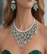 Emerald Pear Cut Choker Necklace Earring Set, Silver Finish Statement Jewelry