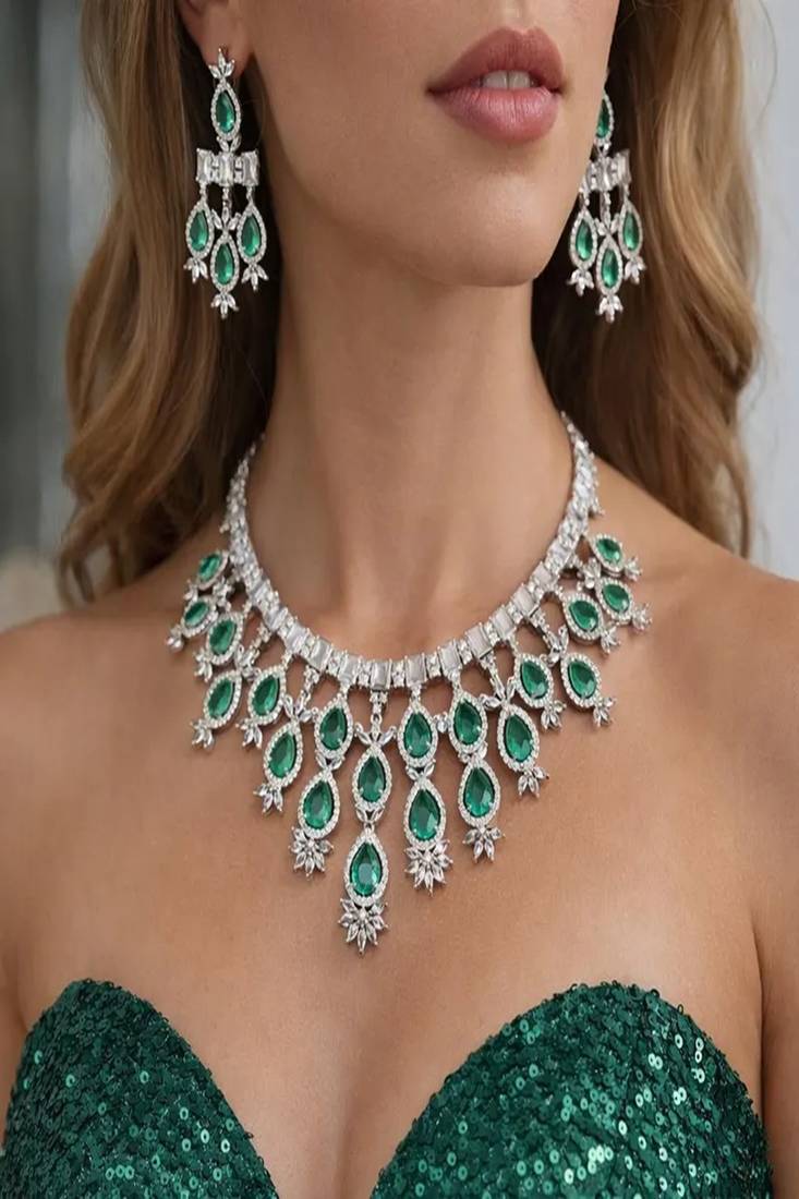 Emerald Pear Cut Choker Necklace Earring Set, Silver Finish Statement Jewelry