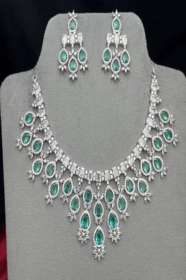 Emerald Pear Cut Choker Necklace Earring Set, Silver Finish Statement Jewelry 2
