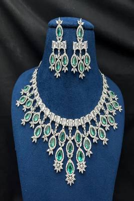 Emerald Pear Cut Choker Necklace Earring Set, Silver Finish Statement Jewelry 3