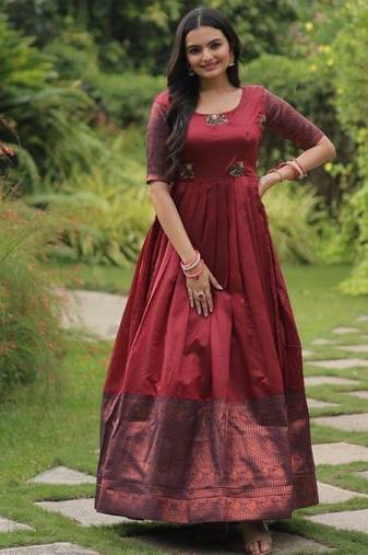 Maroon silk blend stitched anarkali gown with weaving work