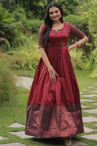 Maroon silk blend free size stitched anarkali gown with weaving work