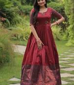 Maroon silk blend free size stitched anarkali gown with weaving work