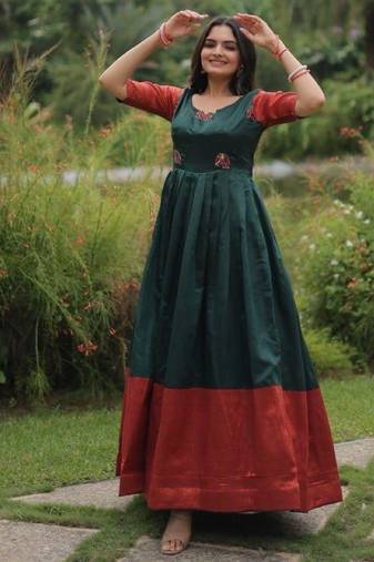 green banarasi silk free size stitched anarkali gown with weaving work