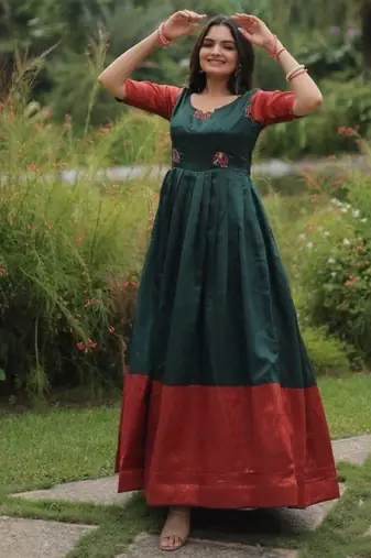 green banarasi silk free size stitched anarkali gown with weaving work