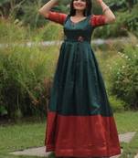 green banarasi silk free size stitched anarkali gown with weaving work