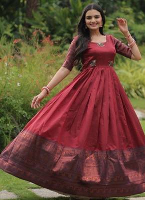 Maroon silk blend free size stitched anarkali gown with weaving work 2