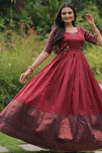 Maroon silk blend free size stitched anarkali gown with weaving work