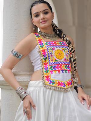 White satin free size stitched navratri top with kutchi gamthi embroidery & mirror work 1