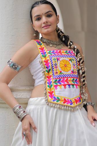 White satin free size stitched navratri top with kutchi gamthi embroidery & mirror work