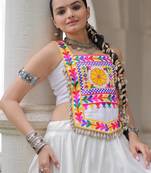White satin free size stitched navratri top with kutchi gamthi embroidery & mirror work