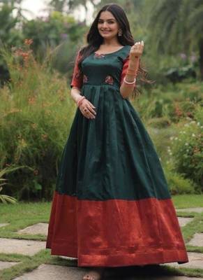 green banarasi silk free size stitched anarkali gown with weaving work 3