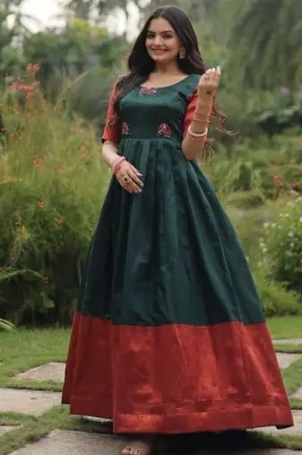green banarasi silk free size stitched anarkali gown with weaving work