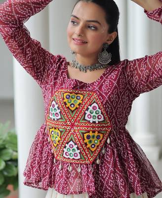 Maroon bandhani free size stitched navratri top with kutchi gamthi patch work 1