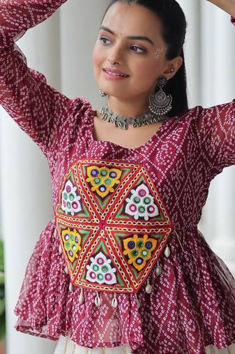 Maroon bandhani free size stitched navratri top with kutchi gamthi patch work