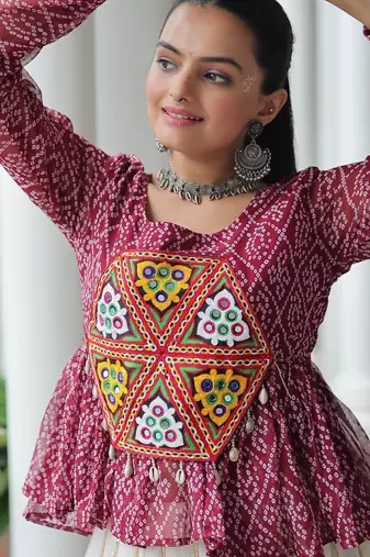 Maroon bandhani free size stitched navratri top with kutchi gamthi patch work