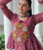 Maroon bandhani free size stitched navratri top with kutchi gamthi patch work