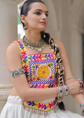 White satin free size stitched navratri top with kutchi gamthi embroidery & mirror work 2